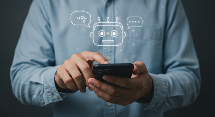 Chatbot App: Man using phone to chat with AI assistant, digital communication, customer service, virtual support, automation & tech concept.