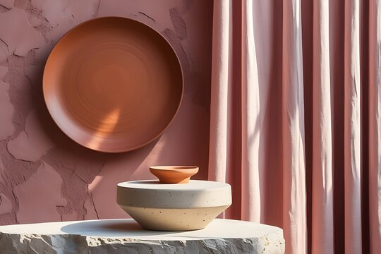 Still life composition featuring ceramic plate and bowls on concrete surface with soft pink drapes