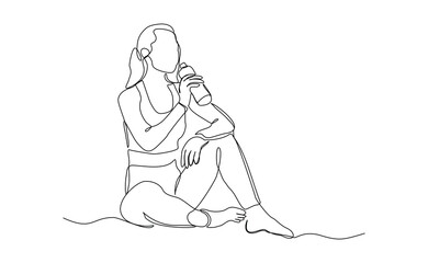 Continuous line of sporty woman drink energy water from bottle. single one line sketch drawing editable stroke of healthy life style. Vector illustration