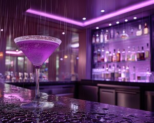 Purple cocktail in rain-slicked bar