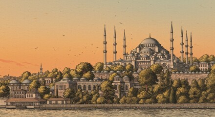Detailed Line Drawing of Topkapi Palace Sunset Over Golden Horn