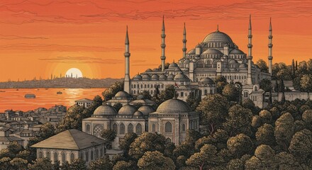 Sunset Line Drawing of Topkapi Palace Overlooking Golden Horn