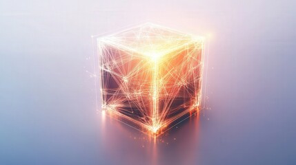 Abstract illuminated cube, showcasing digital network.