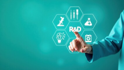 Interactive graphic displaying research and development icons.