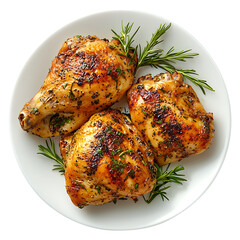 Broiled seasoned chicken thighs on plate isolated on transparent background