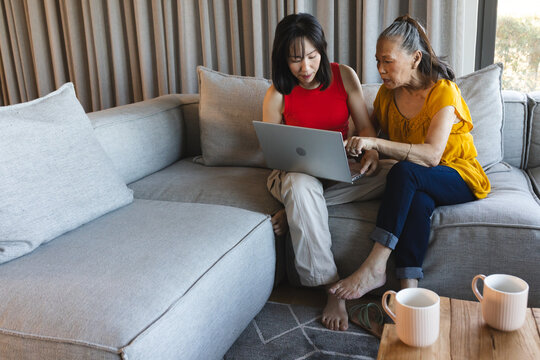 On sofa, Asian senior mother and daughter using laptop, discussing something important