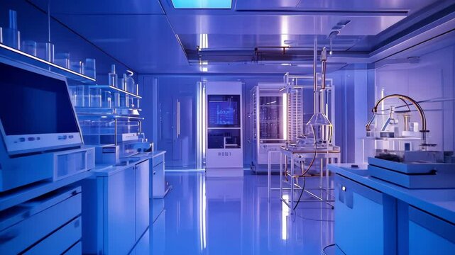 modern laboratory interior with scientific equipment and blue lighting, research environment