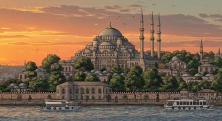 Sunset Line Drawing of Topkapi Palace Overlooking Golden Horn