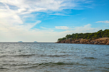 Marmara sea and Dilburnu point scenic view from Yorukali beach on Buyukada island (Adalar, Turkiye)