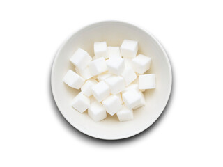 White sugar cubes arranged neatly in a small white bowl on a transparent background