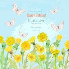 watercolor card with Dandelion flowers with leaves. vector watercolour painting of taraxacum blooms and butterflies