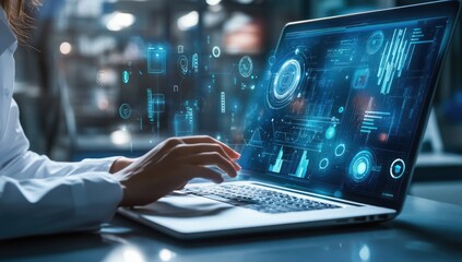 Woman using laptop with holographic data