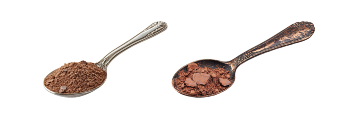 Two Spoons With Cocoa Powder And Chocolate Set. Culinary Ingredients And Baking Essentials Collection Isolated On Transparent Background