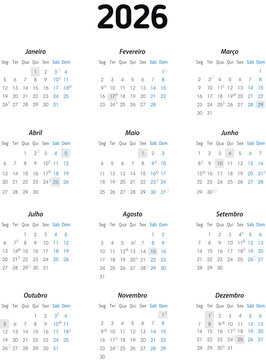 Calend&aacute;rio de Bolso 2026 - PT	
