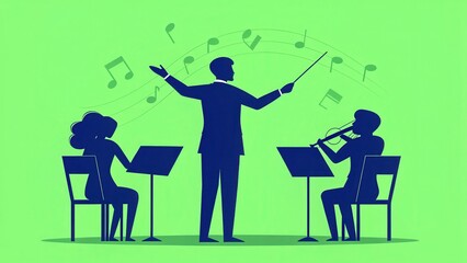 Orchestral conductor leading musicians with musical notes in the background.