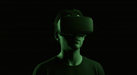 VR Immersion: Man in Virtual Reality Headset, Green Tech Future, Metaverse Gaming, Simulated Reality Experience