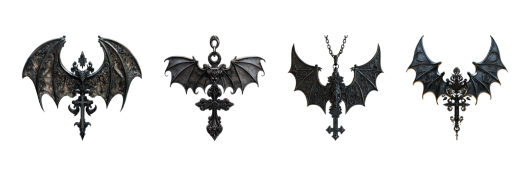 Gothic Bat Wing Cross Pendants Set. Dark Fantasy Jewelry Collection Isolated On Transparent Background