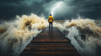 A person standing in front of giant sea tide wave. Water splashes. Dangerous. In a hurricane storm.