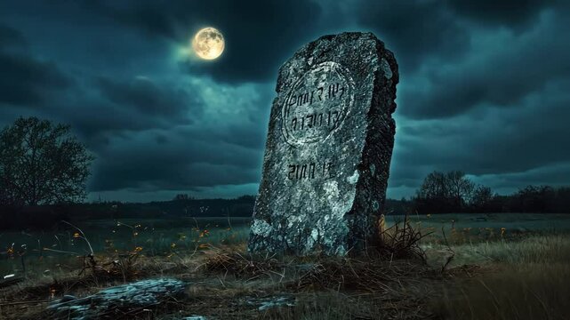 old stone gravestone in rural field under a moonlit night with dramatic cloudy sky; creepy night