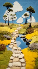 Obraz premium Stitched countryside view in folk style, suitable for pastoral textile themes, handmade visuals, and peaceful landscape embroidery projects.