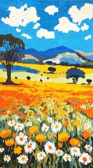 Fototapeta premium Stitched countryside view in folk style, suitable for pastoral textile themes, handmade visuals, and peaceful landscape embroidery projects.