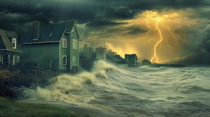 Fototapeta premium City buldings and giant tide wave ravaging coast town in a hurricane storm.