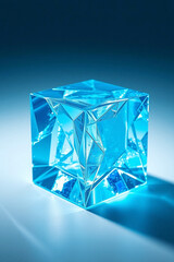 Glowing Blue Crystal Cube, 3D Geometric Glass Sculpture