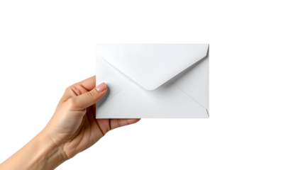 realistic female hand holding plain white envelope in minimal and professional style, suitable for formal message, letter or invitation on isolated background
