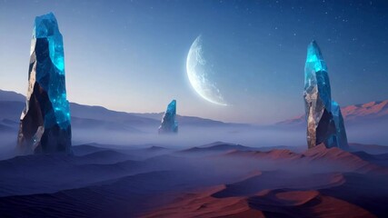 Surreal wide shot of towering luminous blue crystal obelisks in a misty alien desert with reddish-purple sand dunes under a giant crescent moon and starry sky - Powered by Adobe