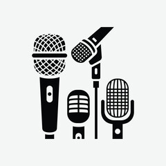 Download this abstract black and white microphone vector set on a clean white background. Ideal for music, podcast, audio branding, sound engineering, broadcasting, and modern digital design projects.