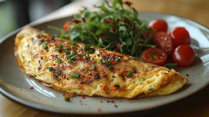 Delicious omelette with fresh greens & tomatoes on a plate