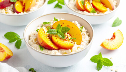 Peaches and cream oatmeal, healthy breakfast. AI
