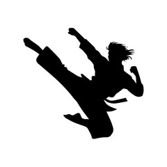 Silhouette of a martial artist performing a high flying side kick in mid-air, wearing a traditional uniform and belt, isolated on a white background with dynamic posture.