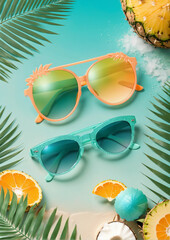 Summer Sunglasses: Colorful Vacation Accessories on a Tropical Background