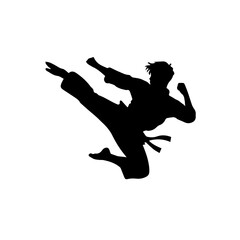 Silhouette of a martial artist performing a high flying side kick in mid-air, wearing a traditional uniform and belt, isolated on a white background with dynamic posture.