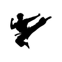 Silhouette of a martial artist performing a high flying side kick in mid-air, wearing a traditional uniform and belt, isolated on a white background with dynamic posture.