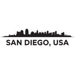 Fototapeta premium San Diego city skyline horizontal banner. Black San Diego city, USA. Vector template for your design. Vector black silhouette. with white background