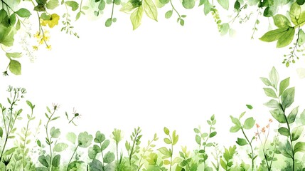 Fototapeta premium Watercolor illustration of a botanical border with various leaves and flowers.