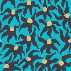Abstract seamless pattern with black flowers on blue background, could be used as texture, card, print. wallpaper 