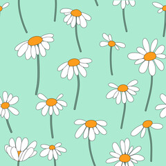 Seamless pattern with white camomiles and green stems on light green background, could be used as texture, wallpaper, print