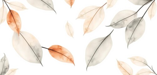 Subtle beige and gray watercolor leaf pattern on white background, decor, wallpaper
