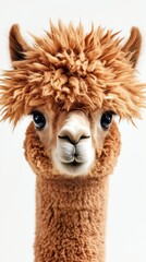 Obraz premium A close-up portrait of a light brown alpaca with a fluffy, textured coat and expressive dark eyes, against a plain white background