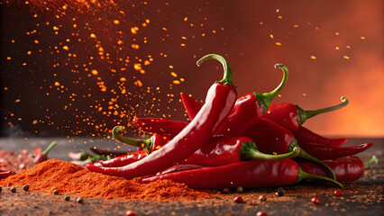 Fresh hot red chili peppers, vibrant organic healthy food spice