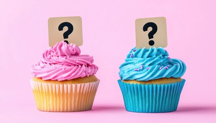 Two cupcakes, pink and blue, topped with pink and blue frosting, respectively, and small question marks