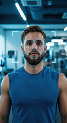 Facial Recognition in Gym: Security & Fitness. Man with AI face scan. High-Tech Biometrics for Smart Gym Access & Personalized Training