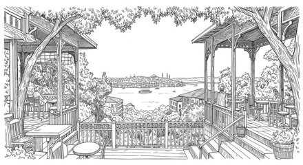Crisp Line Art of Pierre Loti Hill Cafes and Tree Canopy