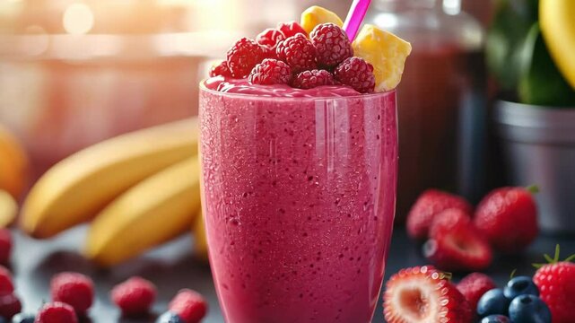 refreshing raspberry smoothie with fruits on table; strawberry, banana, pineapple, blueberry, beverage