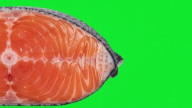 motion graphic animation of red fish steaks (Pieces) and salmon fillets isolated on green screen. Ideal for food ads, cooking visuals, compositing, or seafood product promos