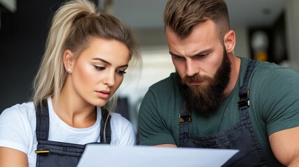 Young couple is reviewing document while wearing aprons indoors, looking downwards with serious expressions.