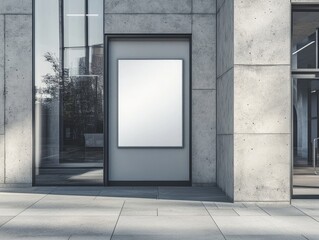 A blank vertical poster mounted on a gray concrete building exterior, framed by glass panels and situated on a paved walkway under sunlight
